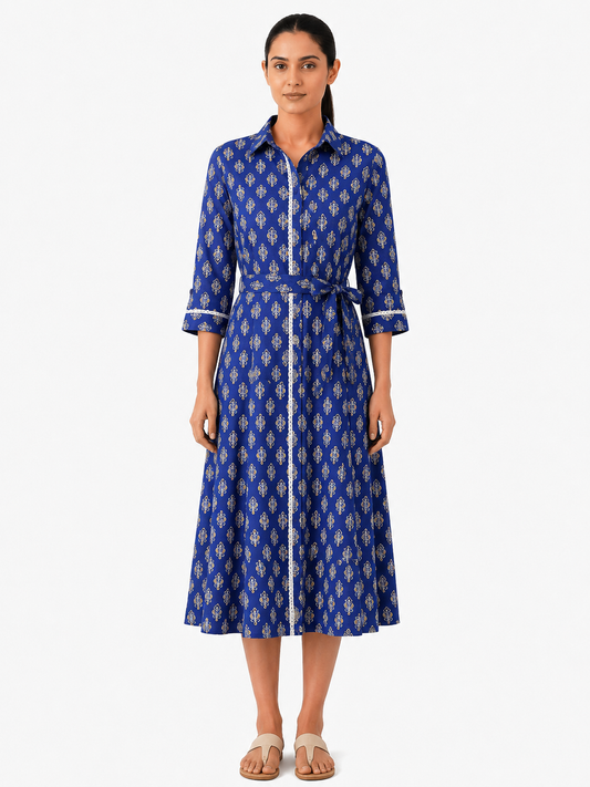 Classic Lace Shirt Dress - Royal Blue (100% Cotton