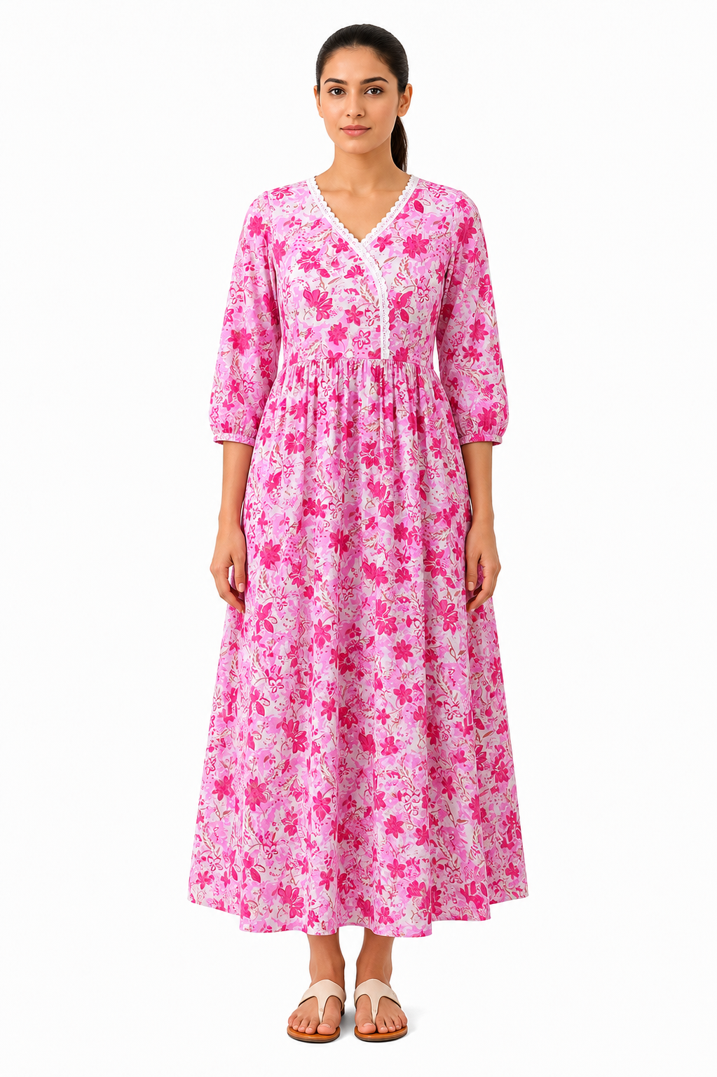 Floral Print Cotton Maxi Dress (100% Cotton)