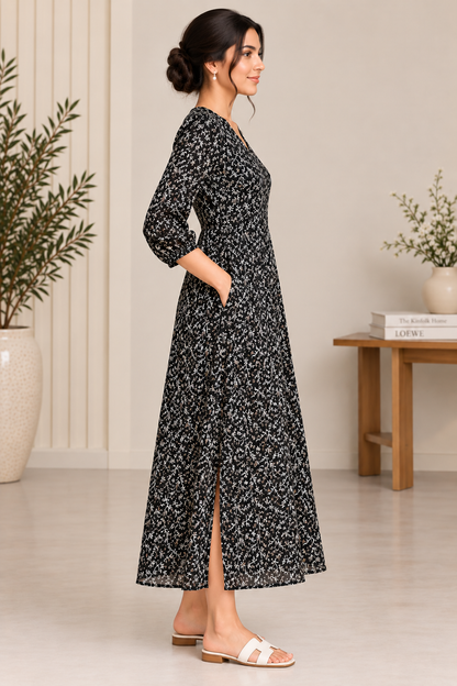Flared Maxi Dress for Women-Black Multi Floral Print, Heavy Georgette ,3/4 Bell Sleeves