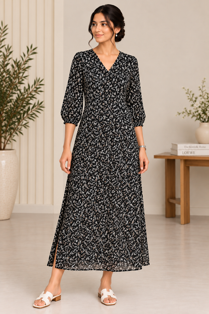 Flared Maxi Dress for Women-Black Multi Floral Print, Heavy Georgette ,3/4 Bell Sleeves