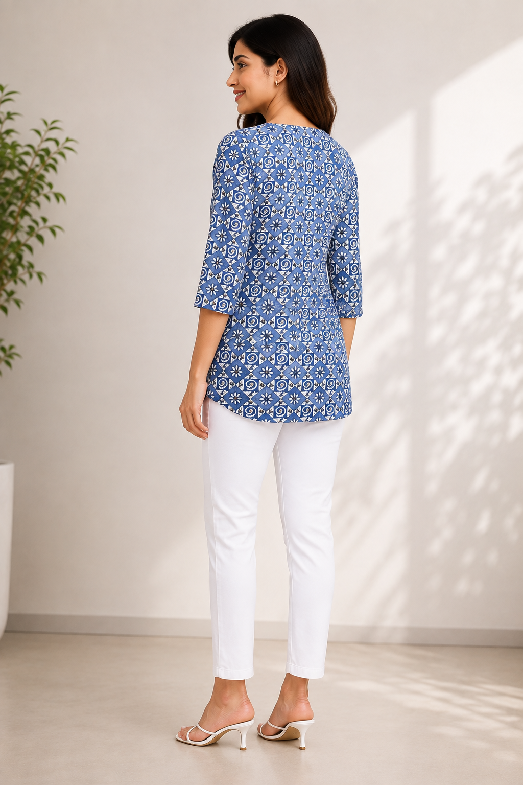 Women's Cotton Slub Foil Printed 3/4 Sleeve Tunic Top (Steel Blue)