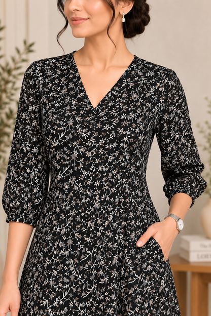 Flared Maxi Dress for Women-Black Multi Floral Print, Heavy Georgette ,3/4 Bell Sleeves