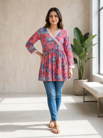 Angrakha Tunic Top - pink (100% Cotton)