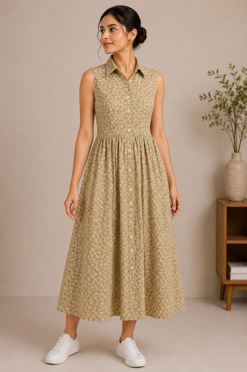 Women’s Taupe Beige Printed Button-Down Shirt Dress | Sleeveless Collared Flared Dress