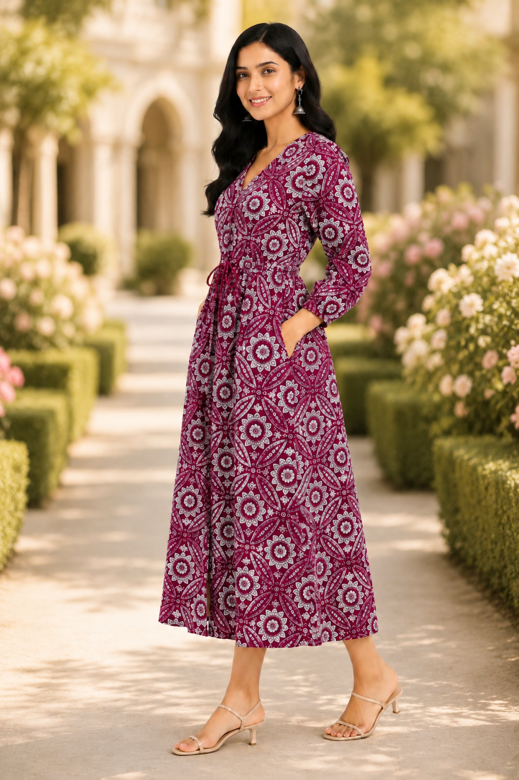 Boho Resort Maxi Dress - Wine Magenta (100% Cotton)