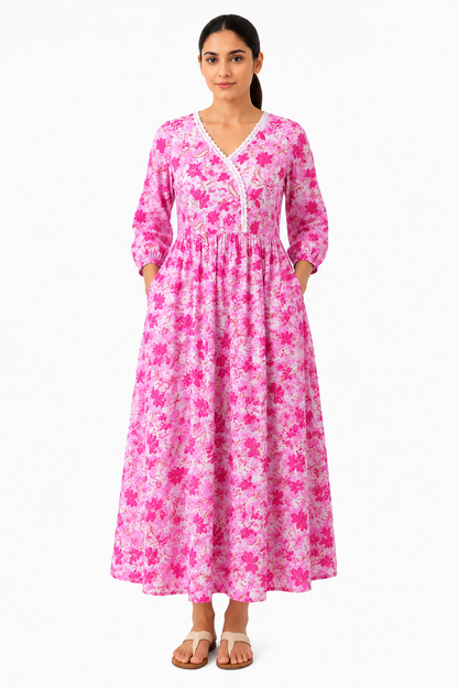Floral Print Cotton Maxi Dress (100% Cotton)