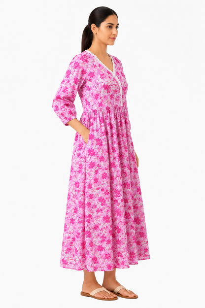 Floral Print Cotton Maxi Dress (100% Cotton)