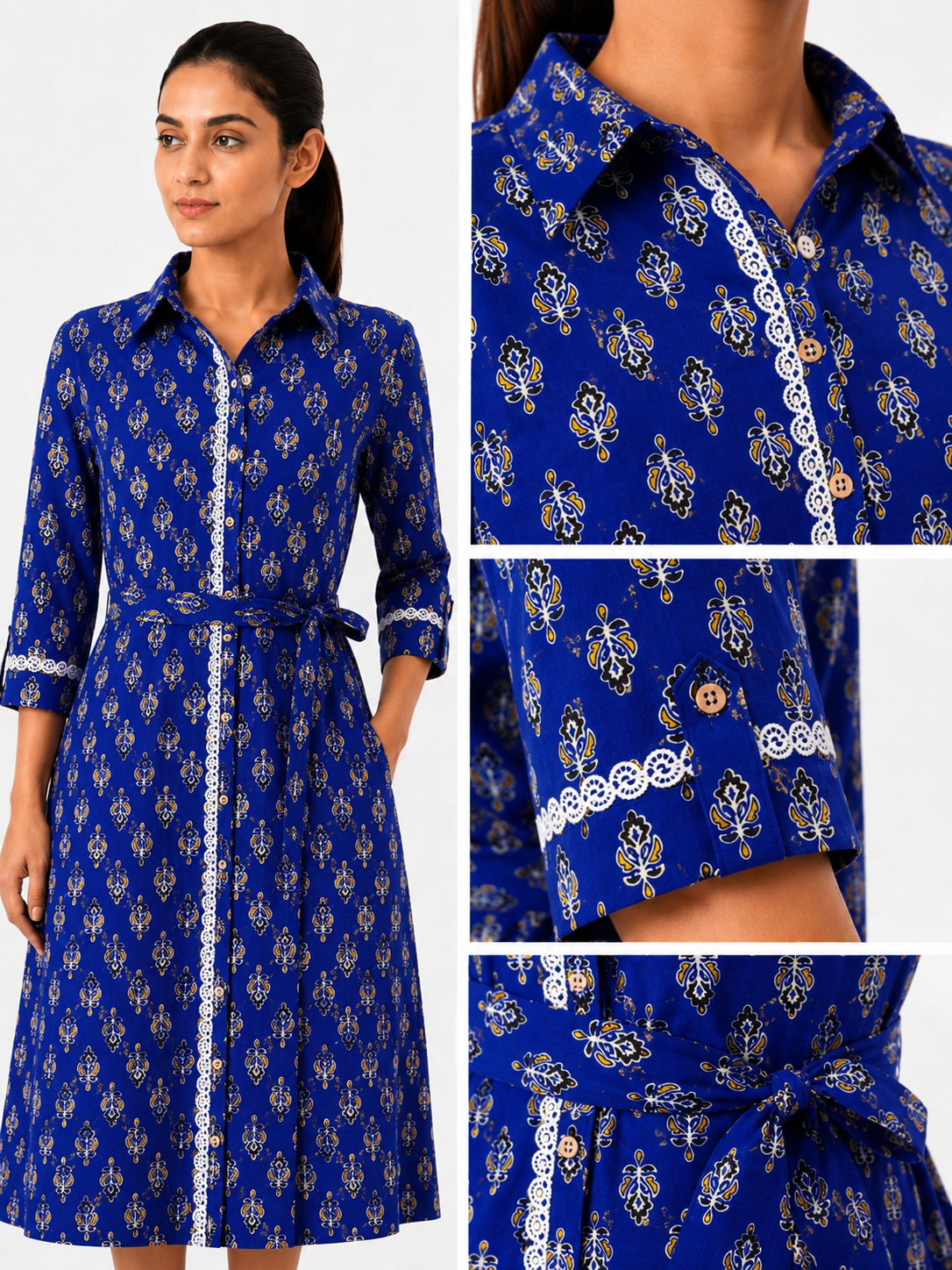 Classic Lace Shirt Dress - Royal Blue (100% Cotton