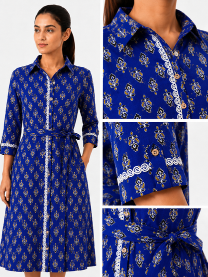 Classic Lace Shirt Dress - Royal Blue (100% Cotton