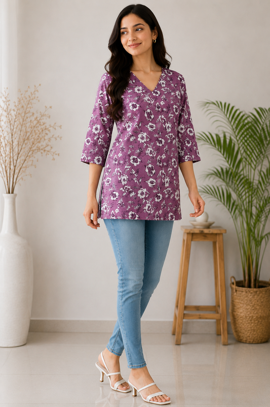 ZOVOR Women's Purple Floral Printed V-Neck Tunic Top