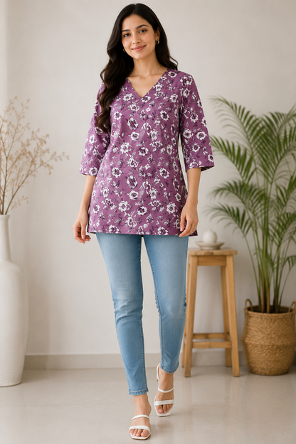 ZOVOR Women's Purple Floral Printed V-Neck Tunic Top