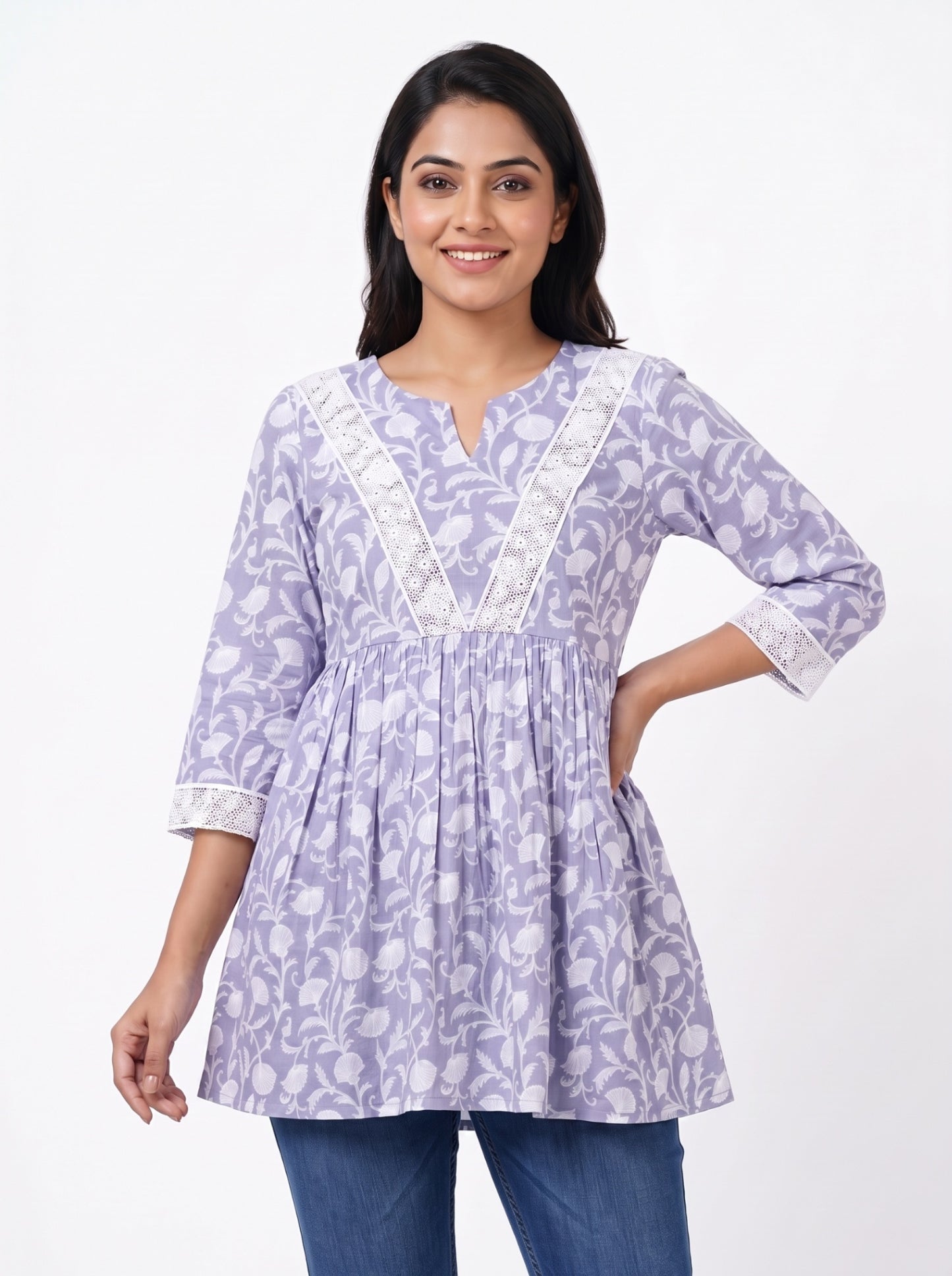 Floral Print Tunic Top - Lavender (100% Cotton)