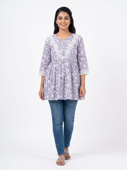 Floral Print Tunic Top - Lavender (100% Cotton)